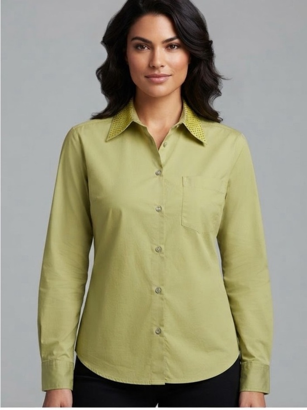 Women's Gold Hawk Button Down Shirt Size S Green Rhinestone Collar NWOT